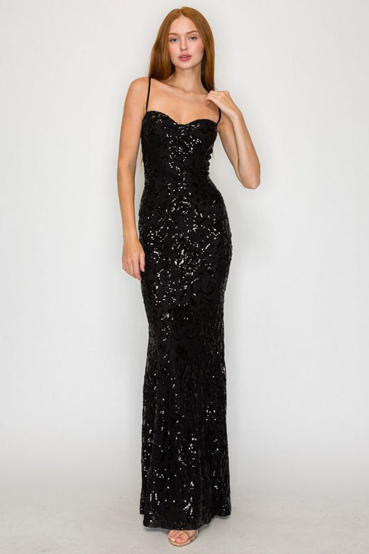 VESTIDO LARGO DE LENTEJUELAS CORTE CORAZON CD30160-2
