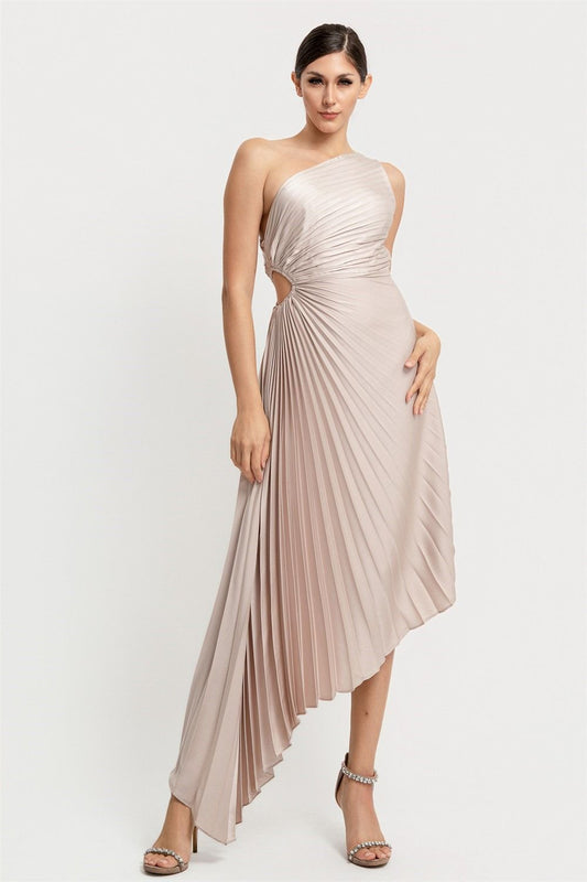 VESTIDO LARGO ASIMETRICO PLISADO CON ABERTURA EN LA CINTURA RDV4093