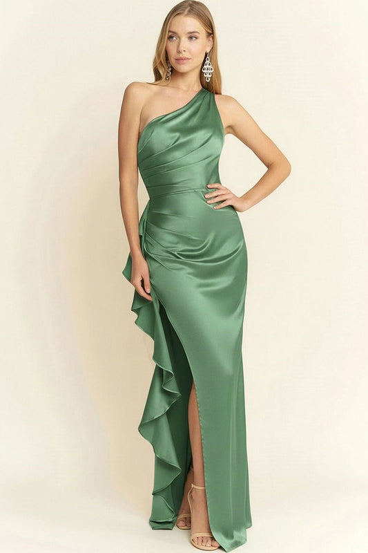 VESTIDO LARGO ASIMETRICO DRAPEADO CON VOLANTES MM24462