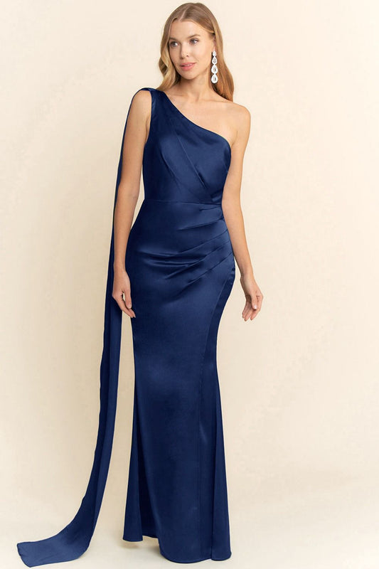 VESTIDO LARGO ASIMETRICO DRAPEADO CON CAPA EN EL HOMBRO MF22606