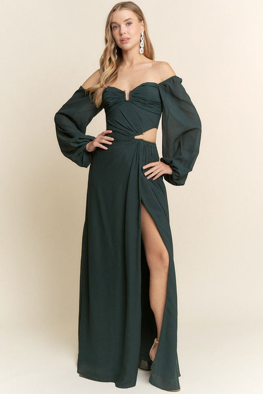 VESTIDO LARGO CON MANGAS Y DETALLE METALICO MF24029