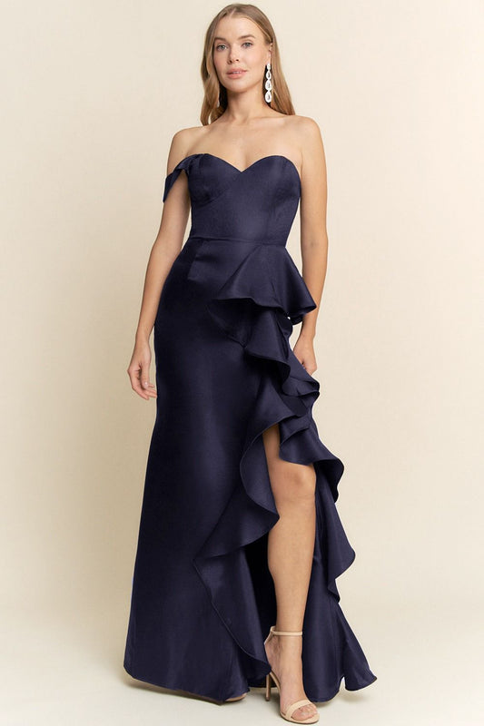 VESTIDO LARGO CORTE CORAZON CON VOLANTES MF24031