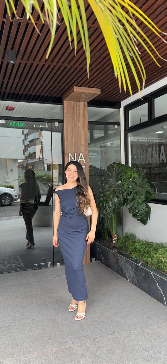 VESTIDO LARGO ASIMETRICO CON DETALLE MATALICO WZ20462