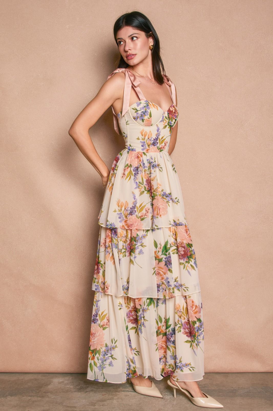 VESTIDO LARGO FLOREADO CON VOLANTES ESTILO CORSET FD12770-P2341