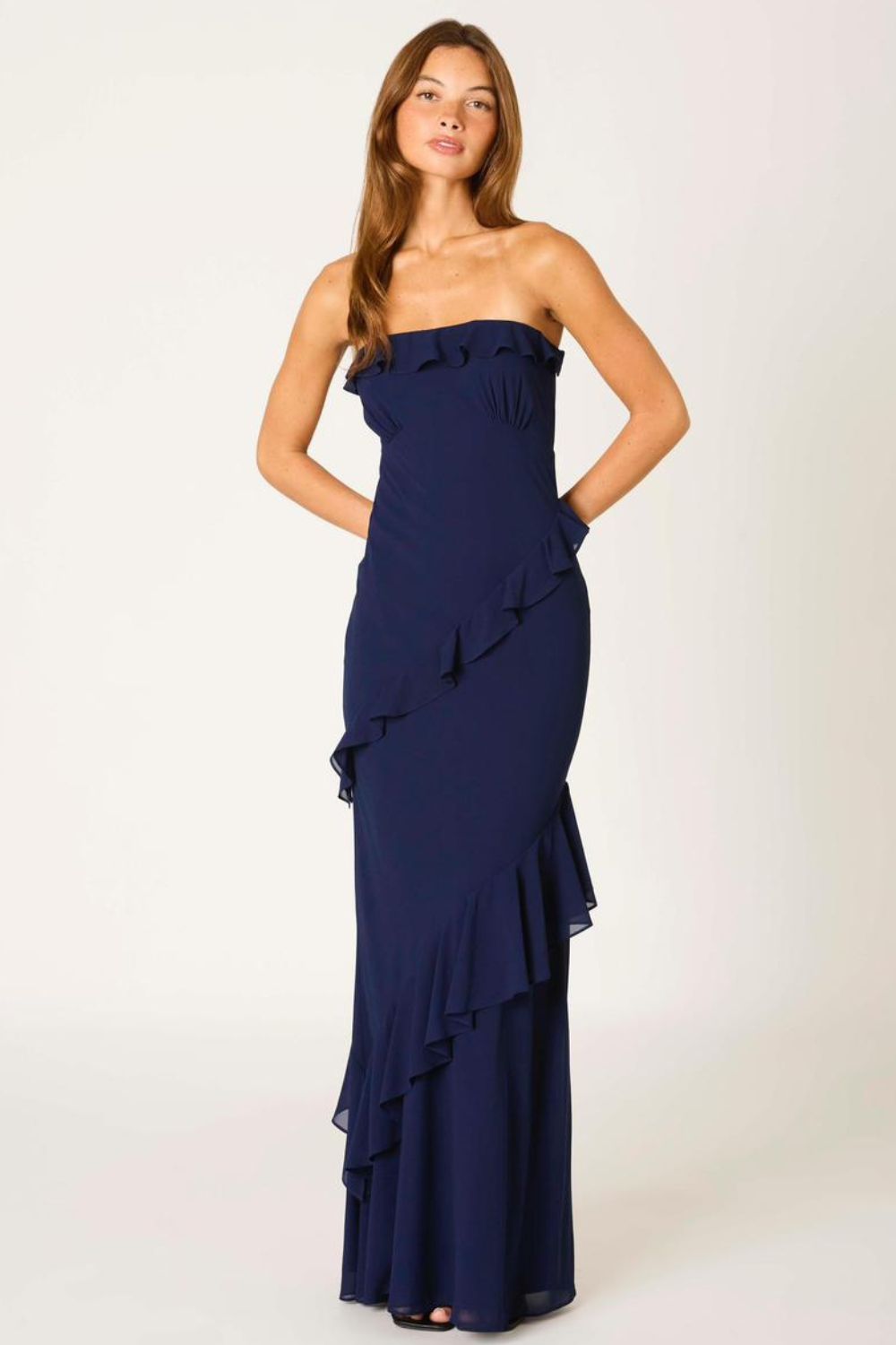 VESTIDO LARGO STRAPLESS CON VOLANTES SD-314