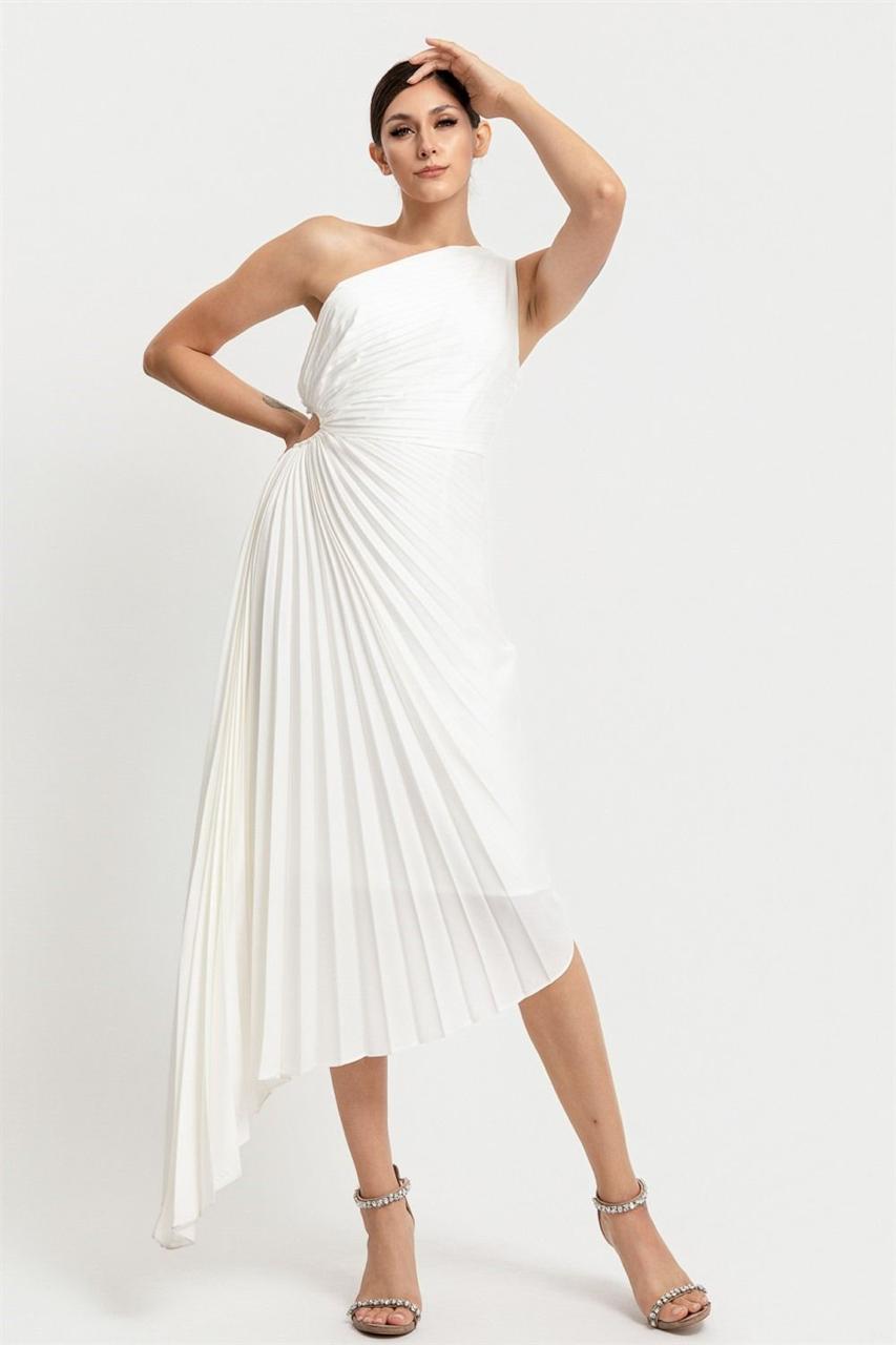 VESTIDO LARGO ASIMETRICO PLISADO CON ABERTURA EN LA CINTURA RDV4093