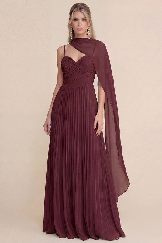 VESTIDO BURGUNDY PLISADO CORTE CORAZÓN CON BUFANDA MF25100