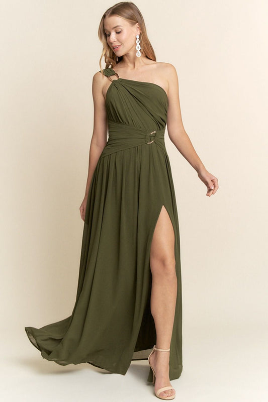 VESTIDO LARGO ASIMETRICO CON DETALLE METALICO LM1092