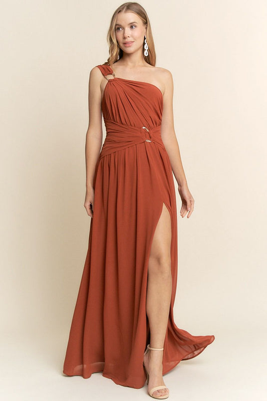 VESTIDO LARGO ASIMETRICO CON DETALLE METALICO LM1092